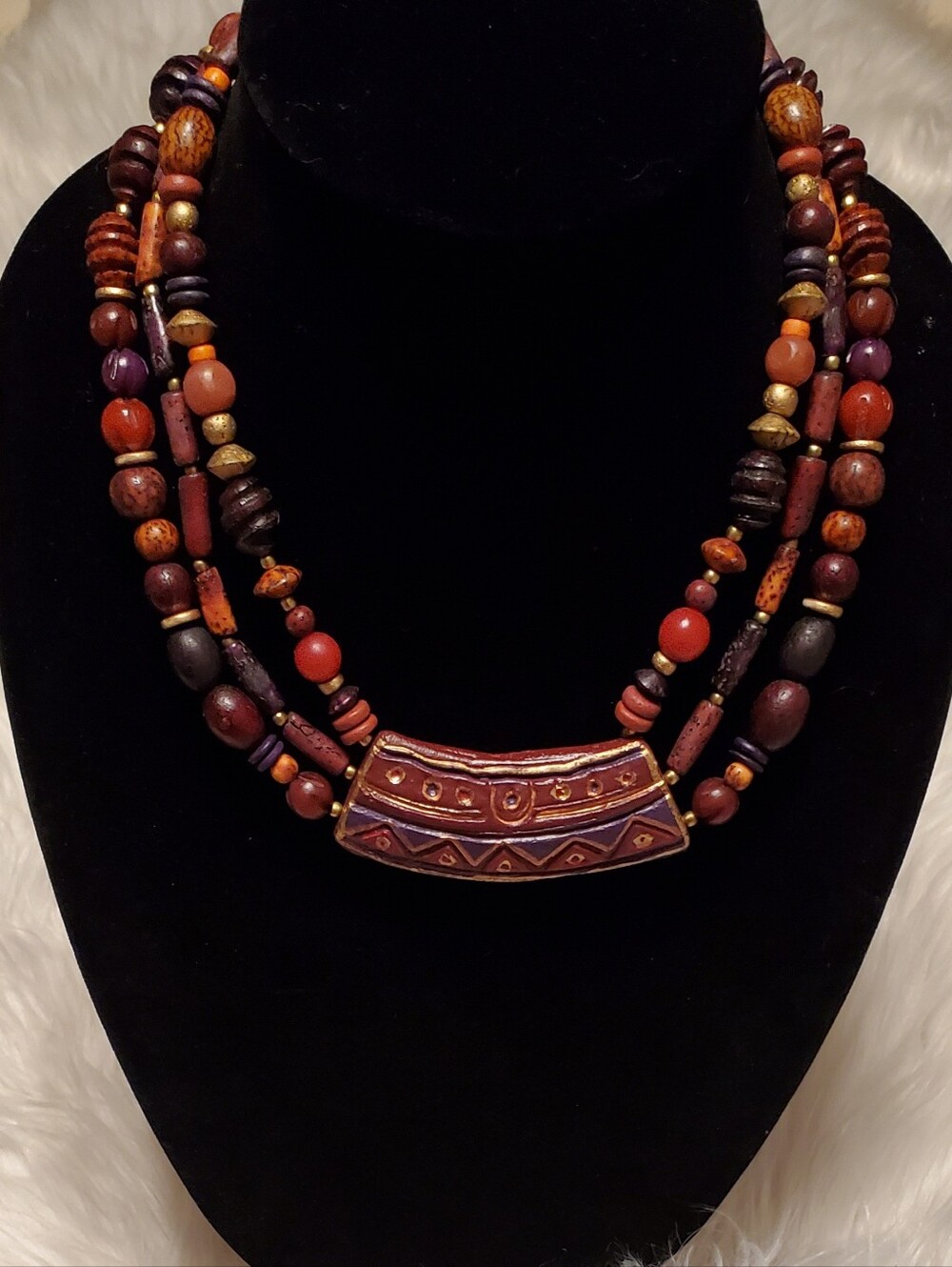 Bohemian Wood Beaded Brown Red And Black Long Chunky Necklace OS